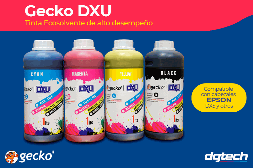 Tinta EcoSolvente DXU Nombre: Tinta Gecko ecosolvente DXU 1Lt (CMYK) Cabezales DX4, DX5, DX7 y XP600