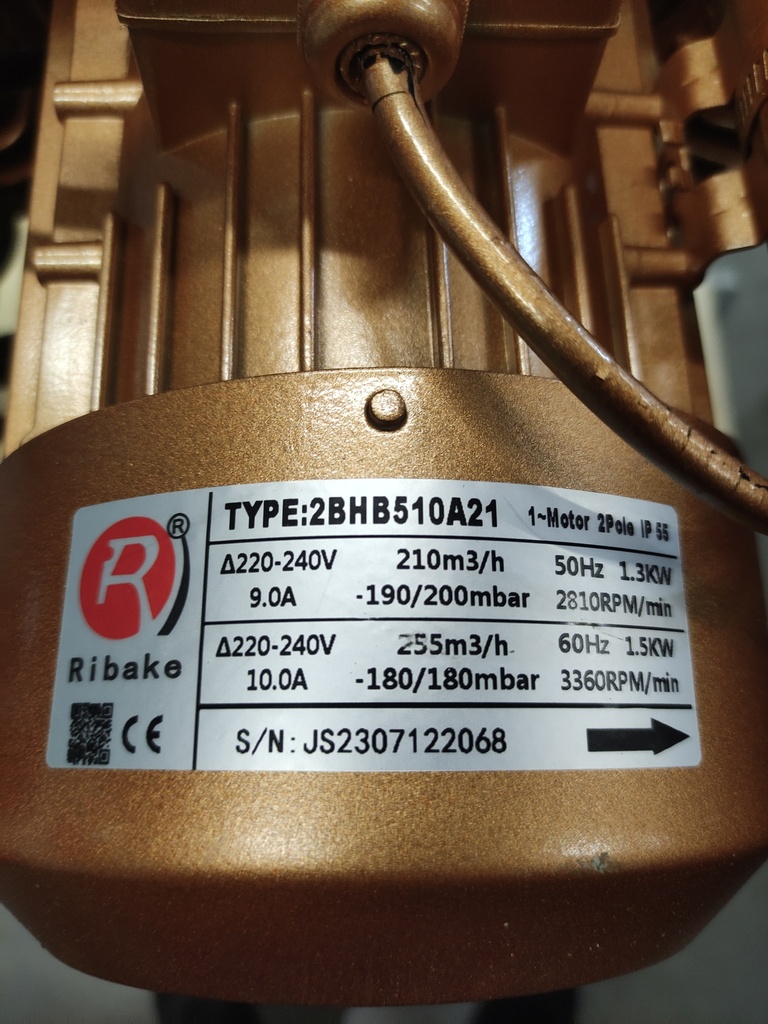 Turbina para mesa de succión Modelo 2BHB510 A21, Monofasico 220V,  Votaje 220-240V, Corriente 9.0A/10.0A, Presion -190/200mbar, fujo 210m3 a 255m3/ Hora, Peso 26 Kilos, Cableado 1.5*4 Mts Dorado Para Maxjet KC2512