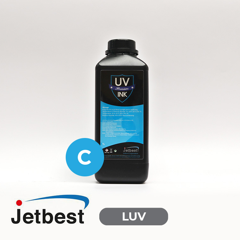Tinta UV JETBEST LUV Cyan para cabezales Konica Minolta KM512i KM1024i de 6 picolitros y RICOH GEN5, 1Lt