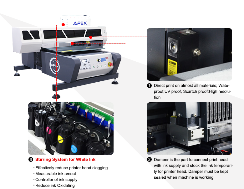 APEX Impresora cama plana UV 6090 cabezal Epson DX5 CMYK+Blanco
